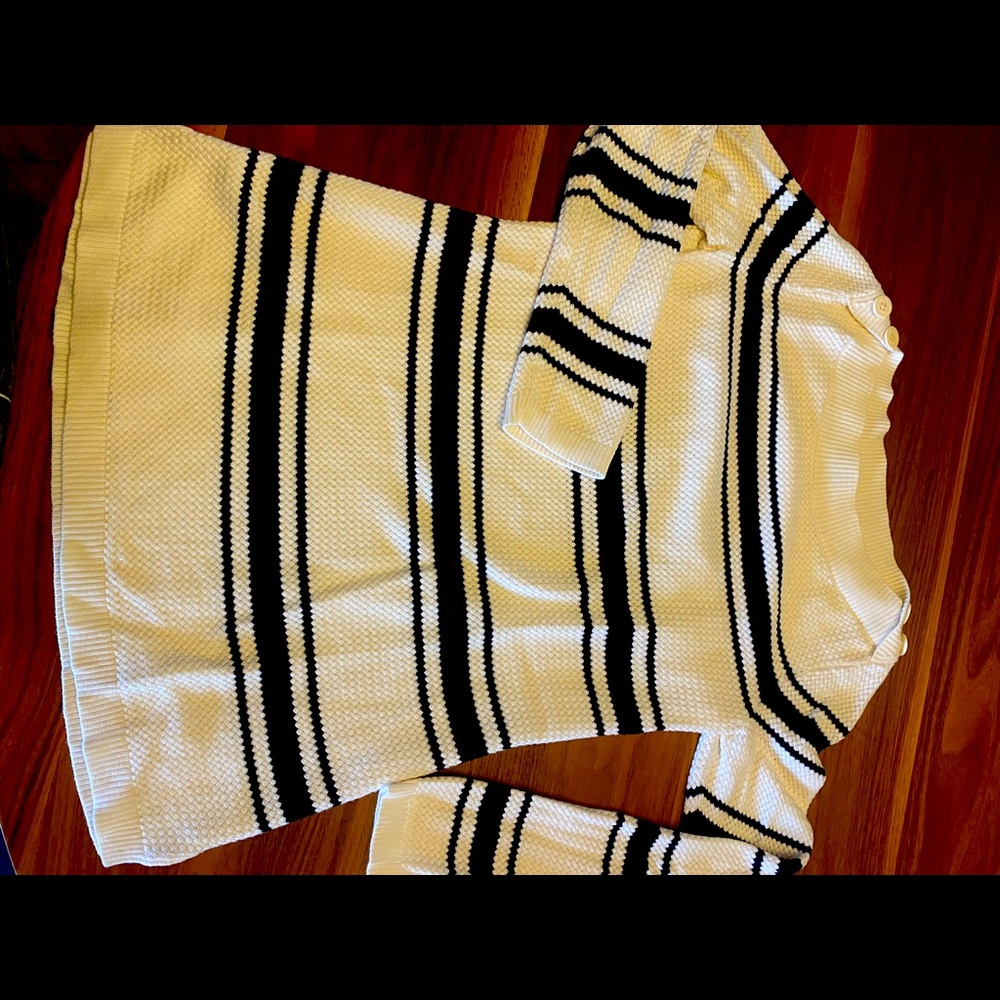 Talbots cream sweater with navy stripes. Large collar with buttons. Size small.